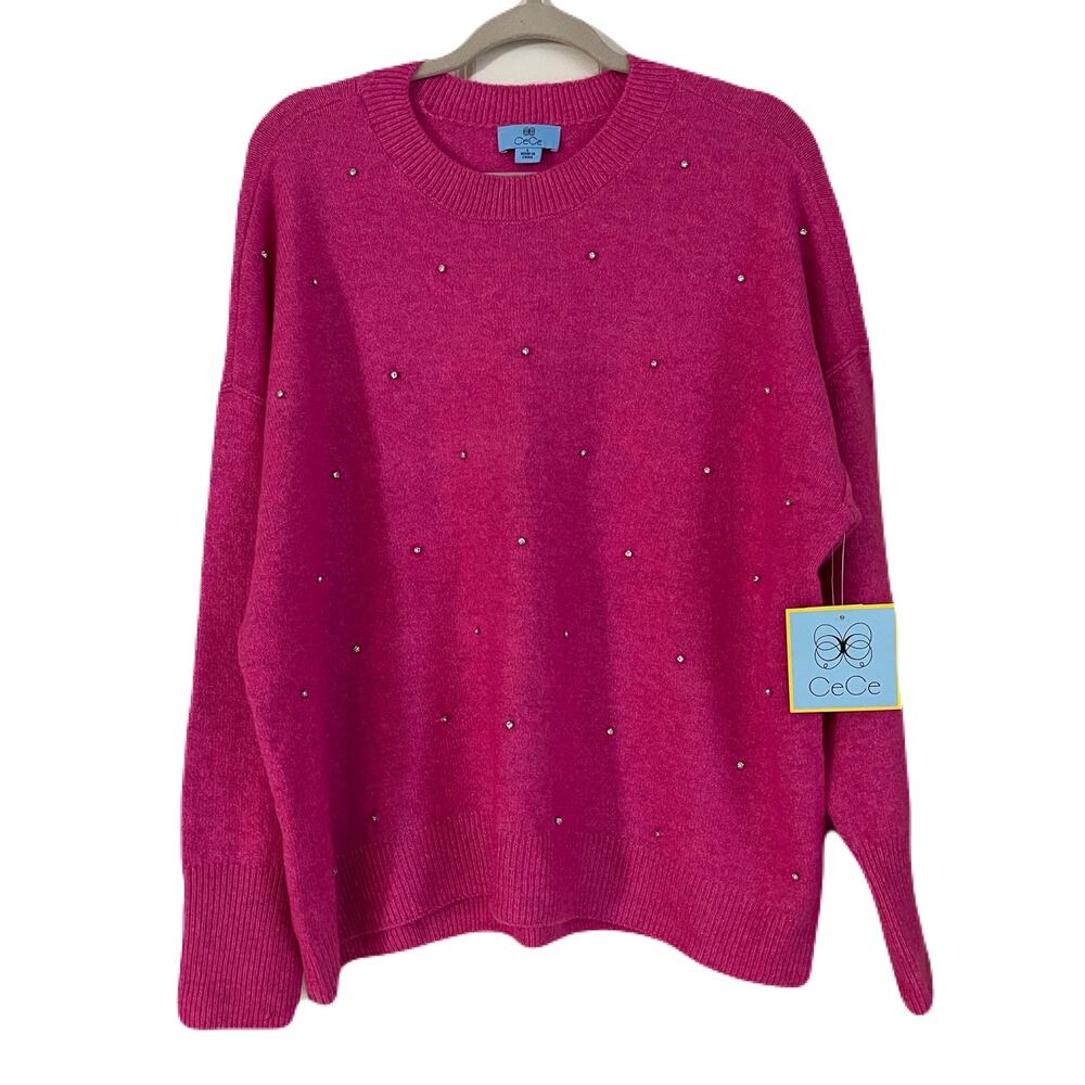 Cece Pink Crew Neck Sweater Rhinestone Accents - Sz Large, Slightly Oversized